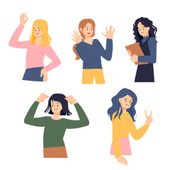 Fototapeta premium Collection of positive gestures of women. flat design style vector illustration.