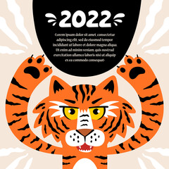 Vector colorful background with cartoon tiger. Symbol of Happy New Year 2022. Cover for use in design