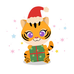 Cute tiger with Santa hat and Christmas present. Flat vector cartoon design