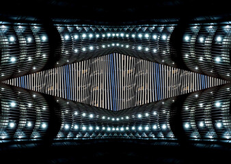 Abstract geometric image of a building night illumination. Night lighting. Office building. UFO....