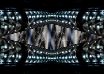 Photo sur Plexiglas UFO Abstract geometric image of a building night illumination. Night lighting. Office building. UFO. Spaceship. Alien civilization. Background image. Template for text. Business.