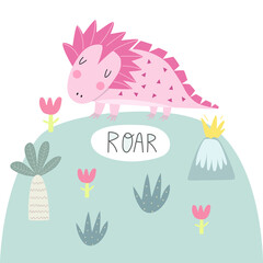 Cartoon dinosaur. Cut hand drawn print for baby Shower. Roar