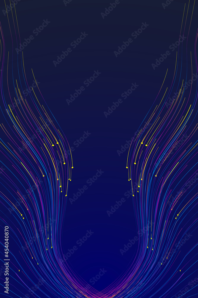 Poster flowing colored dots and lines converge downward on the technological spatial background