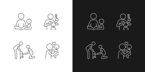 Family bonding time linear icons set for dark and light mode. Storytelling. Brushing hair. Baby first steps. Customizable thin line symbols. Isolated vector outline illustrations. Editable stroke