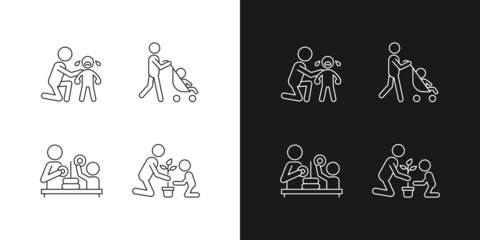Parental involvement linear icons set for dark and light mode. Comforting crying child. Walking with stroller. Customizable thin line symbols. Isolated vector outline illustrations. Editable stroke