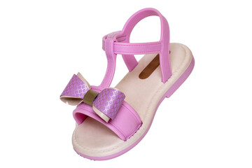 Pink sandal isolated. Close-up of a cute single pink sandal with a bow for the little girl isolated...