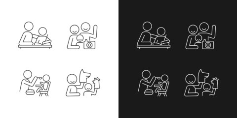 Effective parenting style linear icons set for dark and light mode. Helping with homework. Family portrait. Customizable thin line symbols. Isolated vector outline illustrations. Editable stroke