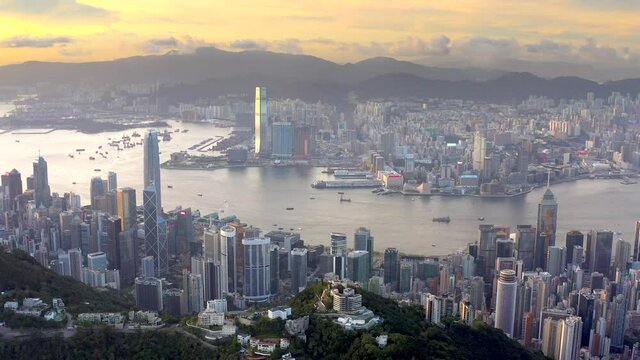 Amazing aerial footage of Victoria Harbour, Hong Kong, in evening sunset
