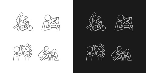Good parenting linear icons set for dark and light mode. Learning to ride bike. Blow bubbles together. Customizable thin line symbols. Isolated vector outline illustrations. Editable stroke