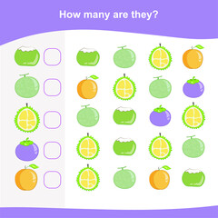 How many are they game. Counting fruit for preschool. Cute math worksheet. Educational printable math worksheet. Count the fruits in the picture and write the result.