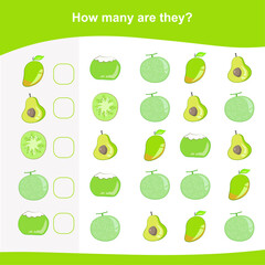 How many are they game. Counting fruit for preschool. Cute math worksheet. Educational printable math worksheet. Count the fruits in the picture and write the result.