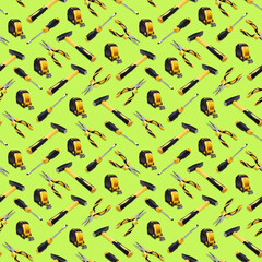 Set of hand tools on a bright background, seamless pattern.