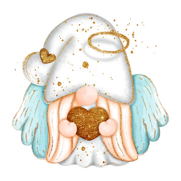 Digital paint watercolor angel gnome isolated on white background. Cute gnome with wings and glitter, greeting card. 