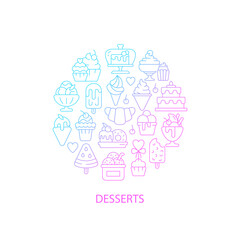 Fototapeta na wymiar Assorted desserts abstract gradient linear concept layout with headline. Sweets collection minimalistic idea. Thin line graphic drawings. Isolated vector contour icons for background