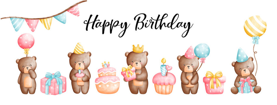 Digital painting watercolor teddy bear birthday party birthday card. 