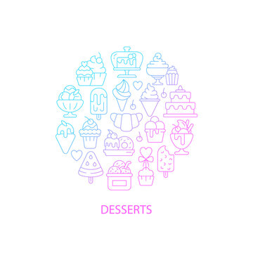 Assorted desserts abstract gradient linear concept layout with headline. Sweets collection minimalistic idea. Thin line graphic drawings. Isolated vector contour icons for background