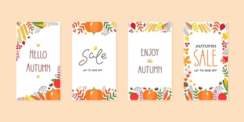 Autumn sale backgrounds. Set of editable templates for social networks and stories. Harvest frames with vegetables, berries, autumn leaves and plants. Vector 10 EPS.