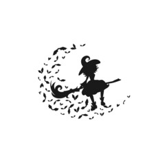 Witch flies on the broom with bats. Moon, bats and and hag in hat. Magic, fantasy.