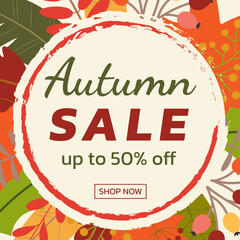 Autumn sale banner with fall leaves. Floral background with foliage frame. Promotion poster, social media post, discount card or flyer design template. Vector illustration. 