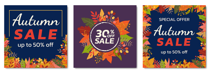 Autumn sale banner set with fall leaves. Square floral backgrounds with foliage frame. Promotion poster, social media post, discount card or flyer design template. Vector illustration. 
