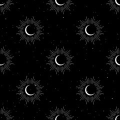 Seamless pattern with white half moon, crescents and stars on black background.