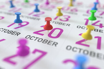October 20 date and push pin on a calendar, 3D rendering