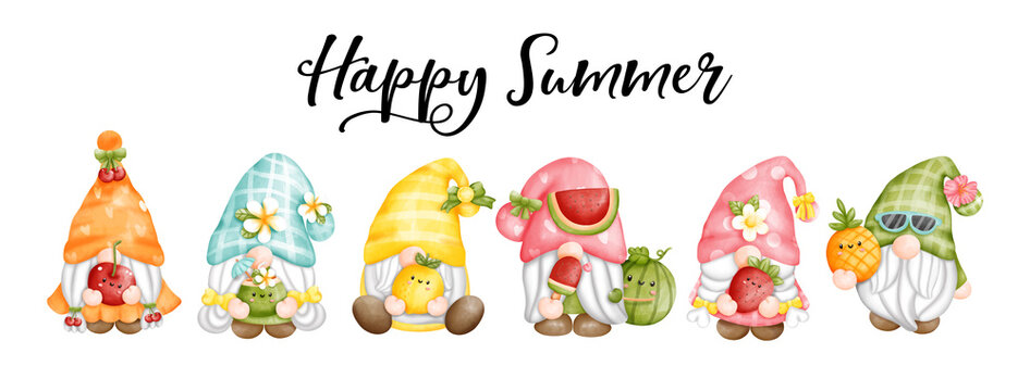 Summer gnome with fruits and cute gnome banner. 