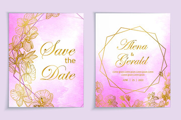 Luxury pink gold line floral watercolor background wedding card invitation