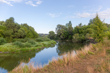 Plain river with shores overgrown with trees and bushes