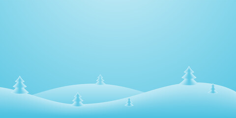 Christmas holiday background. Winter snow december landscape, white cold. Christmas tree on hill for invitation, postcard. Blue sky wallpaper. Wonderland abstract magic texture Vector illustration