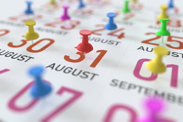 August 31 date and push pin on a calendar, 3D rendering