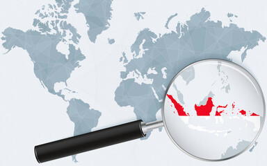 World map with a magnifying glass pointing at Indonesia. Map of Indonesia with the flag in the loop.