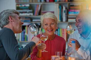 Older friends toasting each other with white wine