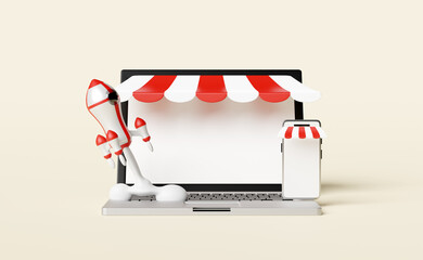 red white space ship or rocket launch in smoke with laptop computer,mobile phone,smartphone store front isolated on beige background.start up template or business concept,3d illustration or 3d render