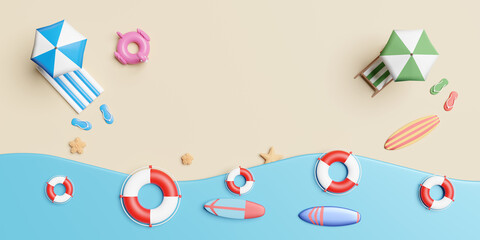 summer travel with beach chair,island,umbrella,Inflatable flamingo,sandals,lifebuoy,surfboard,rubber raft,starfish, top view background,concept 3d illustration or 3d render