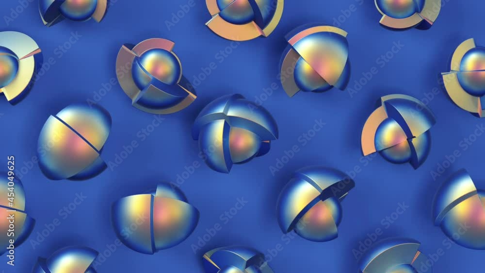Poster holographic iridescent shiny technological spheres rotating on blue background. 3d render seamless l