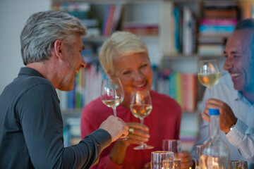 Older friends toasting each other with white wine