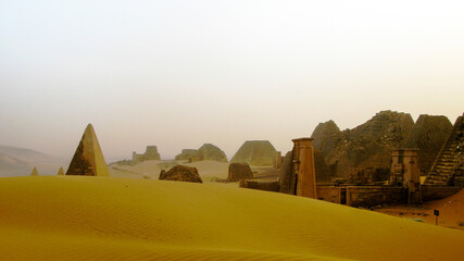 sunset Landscape of Meroe pyramids in the desert, Sudan,