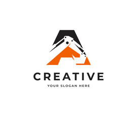 Letter A Excavator Vector Logo. Creative Alphabet Letter A Logo Design