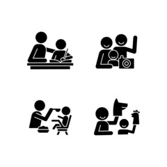 Effective parenting style black glyph icons set on white space. Helping with homework. Family portrait. Feeding in highchair. Playing with puppets. Silhouette symbols. Vector isolated illustration