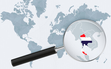 World map with a magnifying glass pointing at Thailand. Map of Thailand with the flag in the loop.