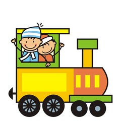 Locomotive with children, waving two boys, train, cute vector illustration
