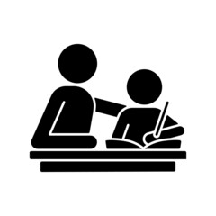 Helping with homework black glyph icon. Praising, encouraging child to study. Parental involvement. Enhancing academic performance. Silhouette symbol on white space. Vector isolated illustration