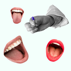Contemporary art bcollage. Composition with doctor hand and female open mouthes. Concept of health...