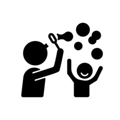 Blow bubbles together black glyph icon. Outdoor activity for kid. Parent-child bond. Spending time at park. Stress-relieving activity. Silhouette symbol on white space. Vector isolated illustration