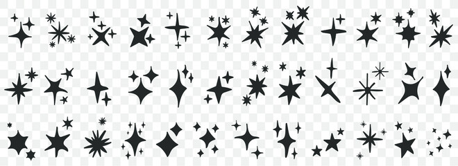 Set of black hand drawn set doodle stars. Doodle stars icons
