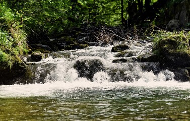 Mountain river in a Ochotnica Gorna village