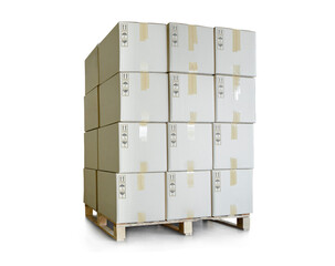 Packaging Boxes Stacked on Pallet Isolated on White Background. Cardboard Boxes,  Cargo Shipment Logistics and Transport.	