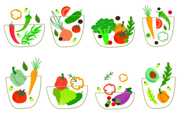 Salad bowls set. Vector illustration of vegetable salads 