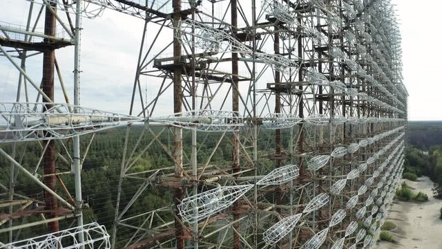 Aerial drone view of Duga horizon radar systems in Chernobyl, Ukraine. Soviet over-the-horizon military radar station also known as Russian woodpecker
